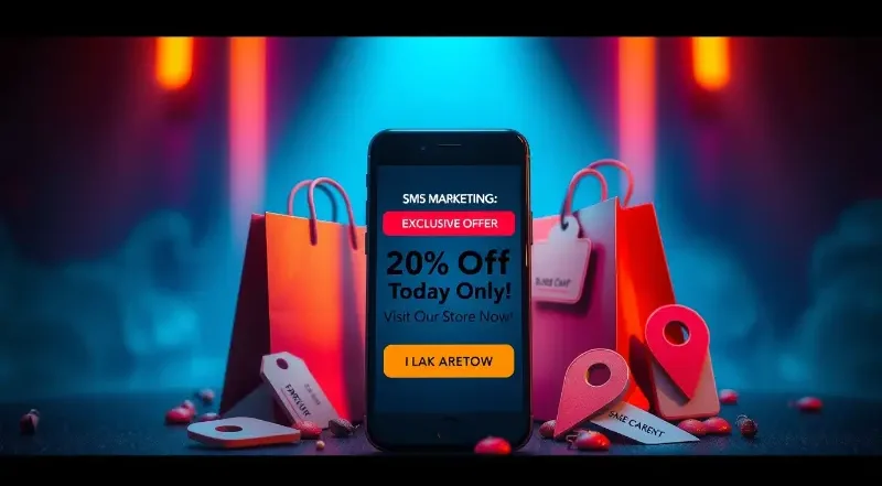 A dramatic cinematic image depicting SMS marketing A smartphone displays Exclusive Offer 20 Off Today Only Visit Our Store Now. Surrounding it are shopping bags discount tags and a location pin icons. Ne e1737667785762