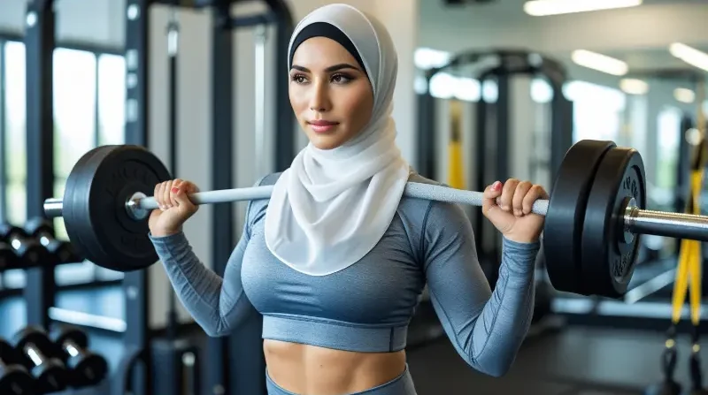Leonardo Phoenix 10 A woman in modest workout attire with a hi 0 4 e1737465776721