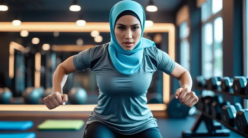 Leonardo Phoenix 10 A woman in modest workout attire with a hi 0 6 e1737466194746