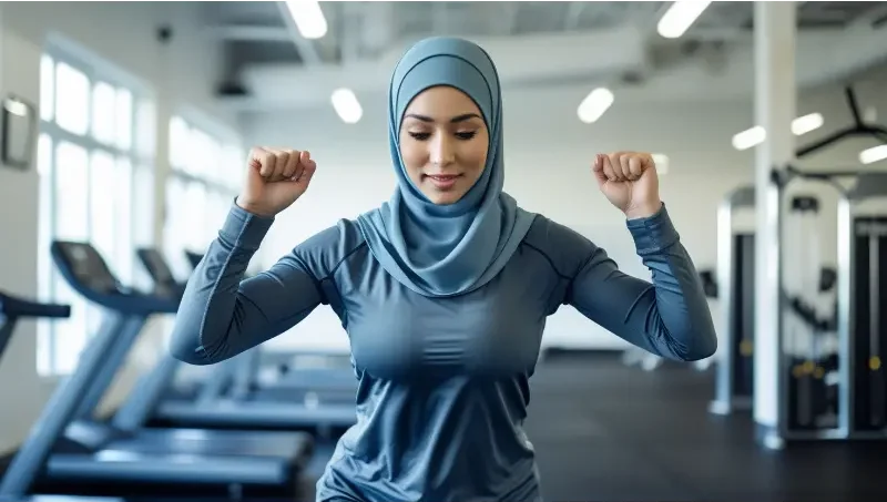 Leonardo Phoenix 10 A woman in modest workout attire with a hi 0 e1737458612433