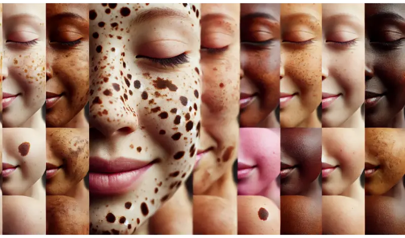 DALL·E 2025 02 06 22.55.20 A wide high quality image showcasing hereditary skin blemishes and birthmarks across different skin tones. The image includes freckles cafe au lait 1