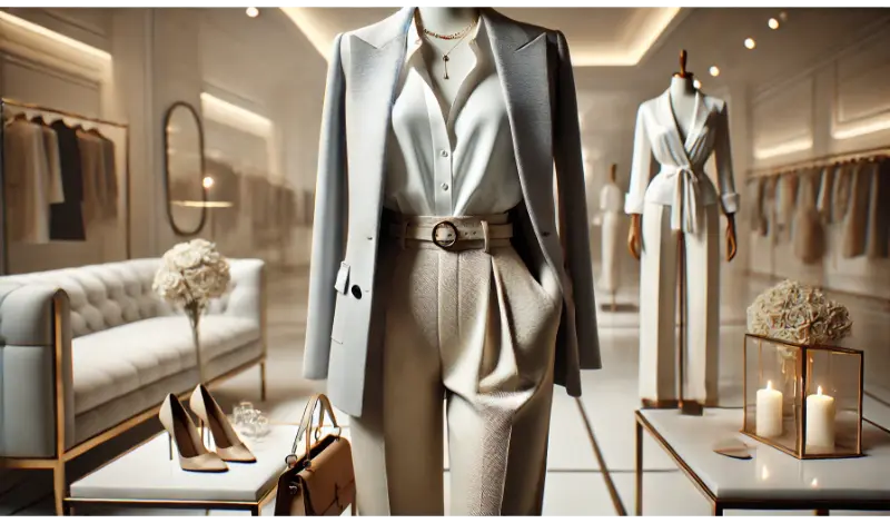 DALL·E 2025 02 09 03.18.06 A wide angle highly realistic depiction focused on elegant and chic clothing. The scene features a minimalist and sophisticated outfit including a fi 1