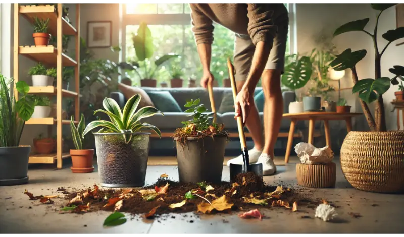 DALL·E 2025 02 11 12.52.49 A wide format image showing a person collecting fallen leaves and removing excess organic debris from the soil surface of an indoor plant. The setting 1