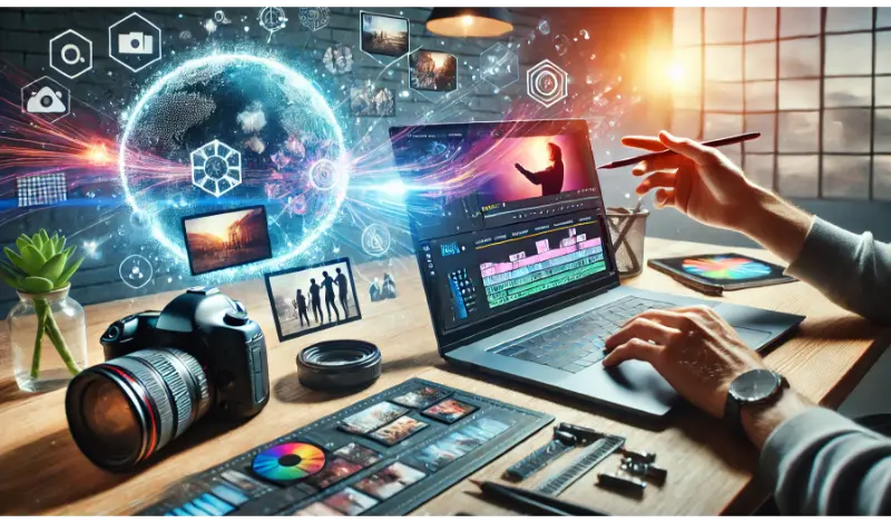 DALL·E 2025 02 11 14.24.02 A wide format image illustrating the power of impactful visual content. A person creating engaging visuals on a laptop with a video editing timeline 1