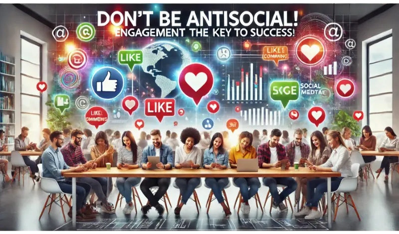 DALL·E 2025 02 12 03.23.13 A wide format image promoting social engagement with the message Dont be antisocial Engagement is the key to success. A diverse group of people ac 1