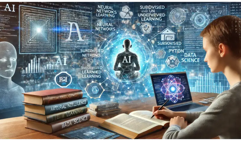 DALL·E 2025 02 12 07.04.39 A wide format image illustrating the learning of fundamental concepts in artificial intelligence and machine learning. A person is studying AI basics 1